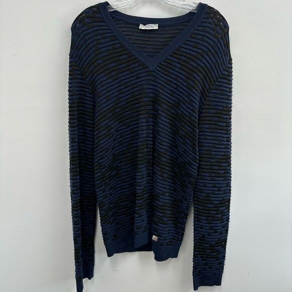 Versace Collection Blue & Black Wool Blend Mesh Knit V-neck Sweater Size M - Picture 3 of 14